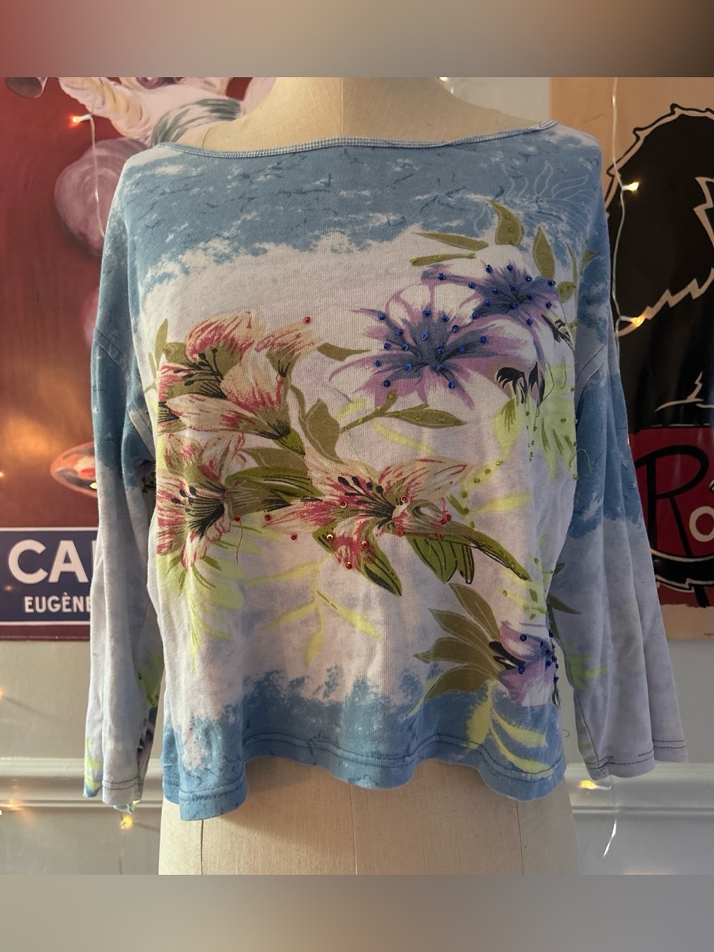 Vintage Y2K beaded blue floral boatneck 3/4 sleeve top from Jane Ashley.